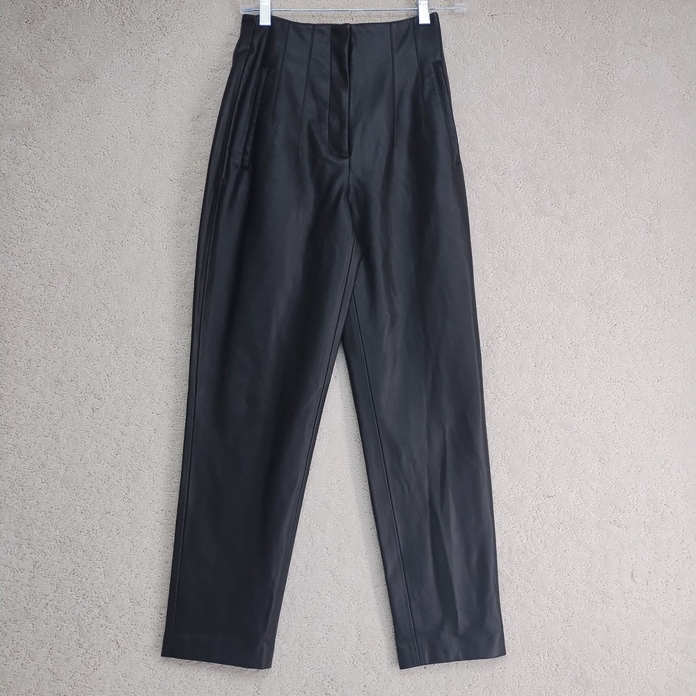 Womens Faux Leather Pants 24 Waist Black High Rise Tapered Tailored Pleated